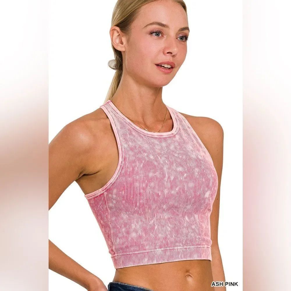 Zenana Washed ribbed seamless cropped tank top w bra pads Ntw-6190a